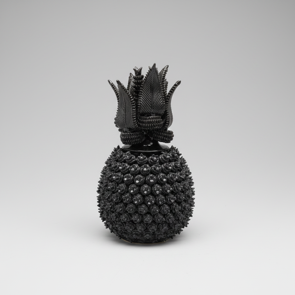 Black pineapple-shaped decorative item on a light gray background