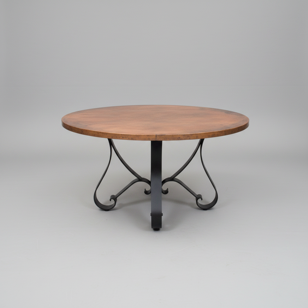 Round wooden table with metal legs on a gray background