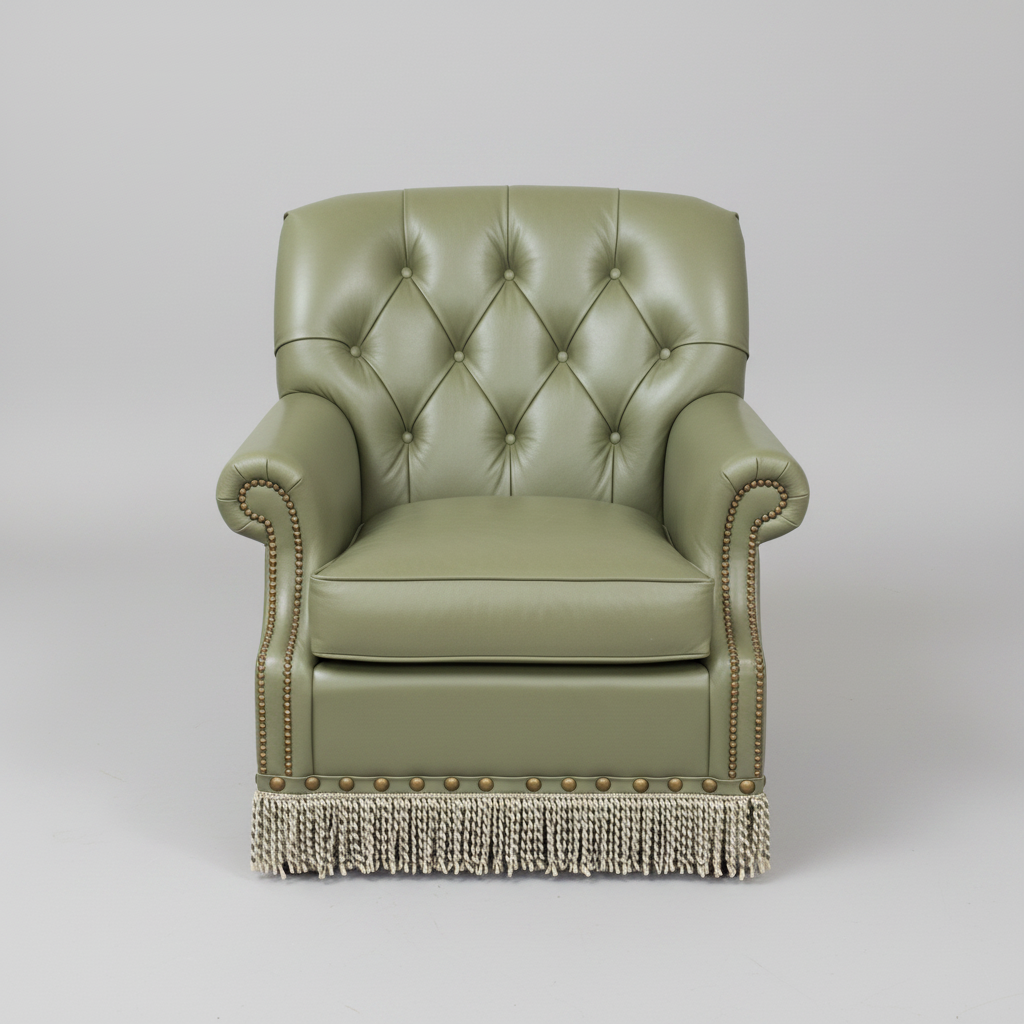 Green leather armchair with a patterned pillow on a tiled floor