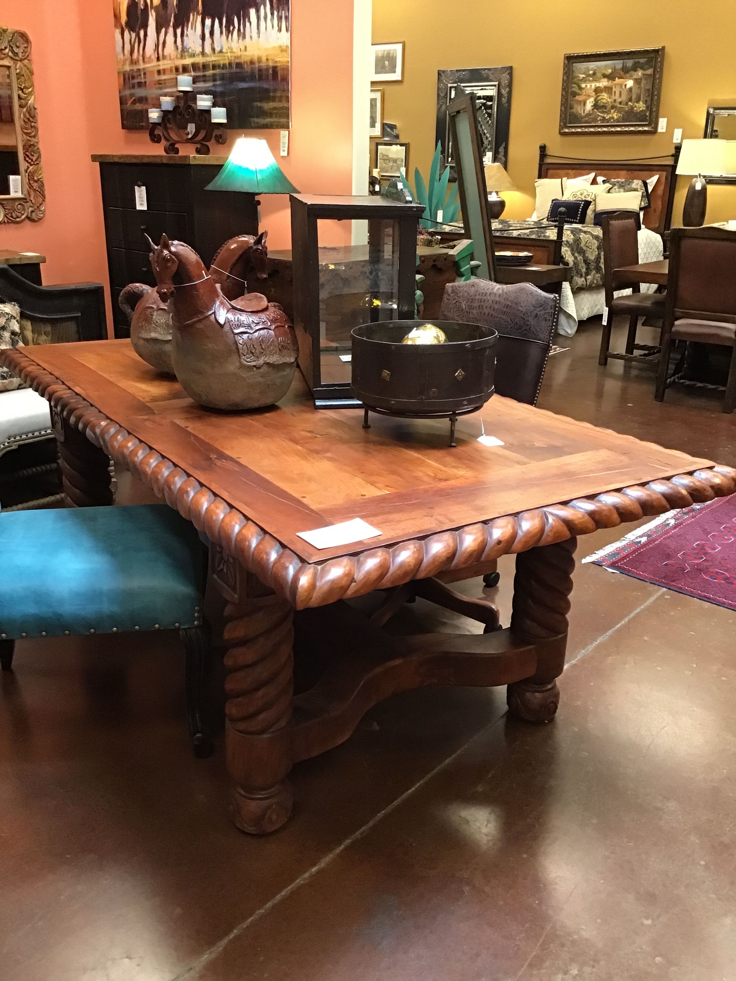 Dining Table Mesquite Tooled Legs Wooden Stretcher Rectangular 83x43x31