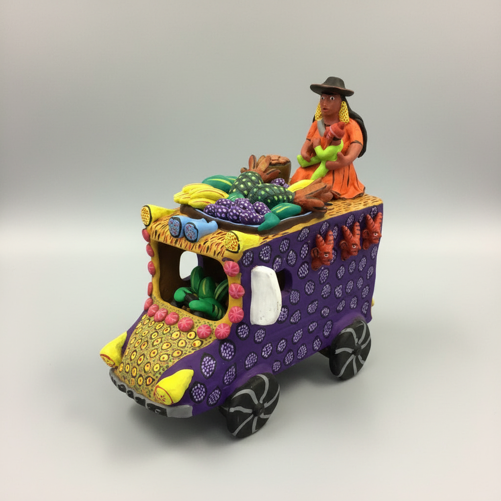 A colorful handmade clay figurine of a vendor driving a decorated vehicle, set against a neutral light gray background.