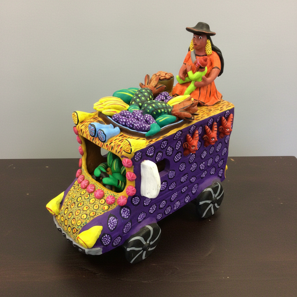 A colorful hand-painted clay figurine of a woman driving a decorated purple and yellow truck loaded with fruits and vegetables, set on a dark wooden surface against a plain light gray wall.