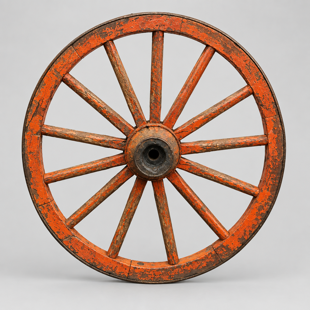 A vintage wooden wagon wheel with distressed orange-red paint and a dark metal hub, photographed against a neutral light gray background.