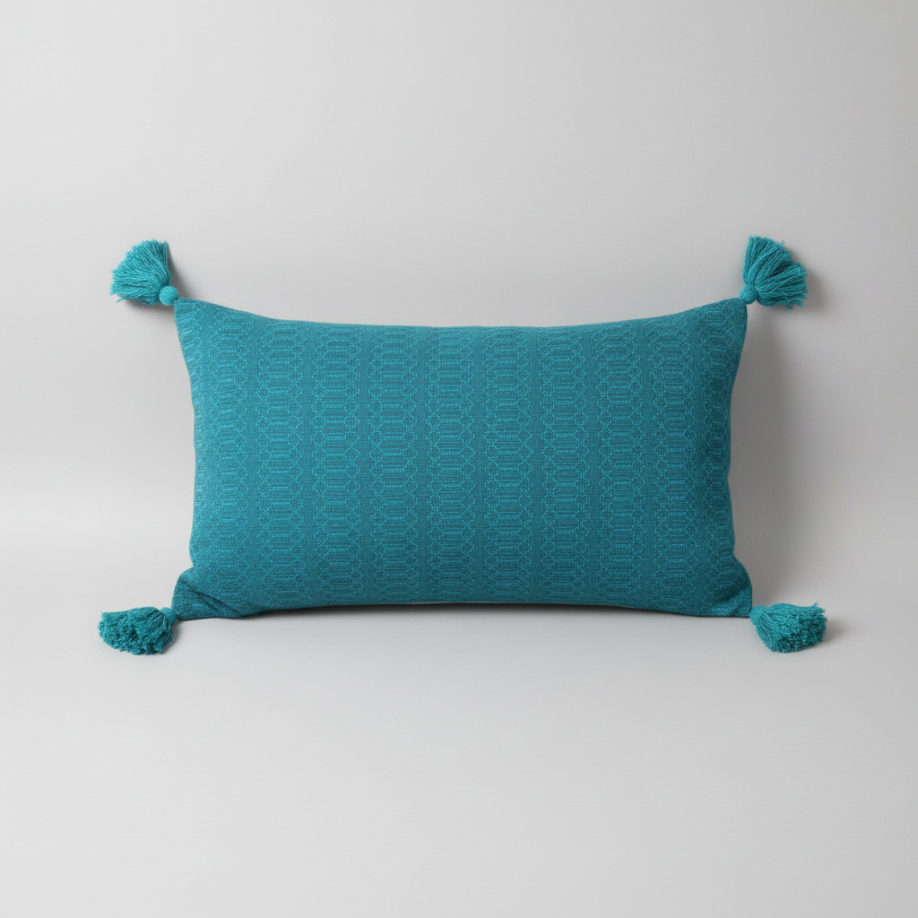 Teal pillow with pom-pom accents on a light gray background