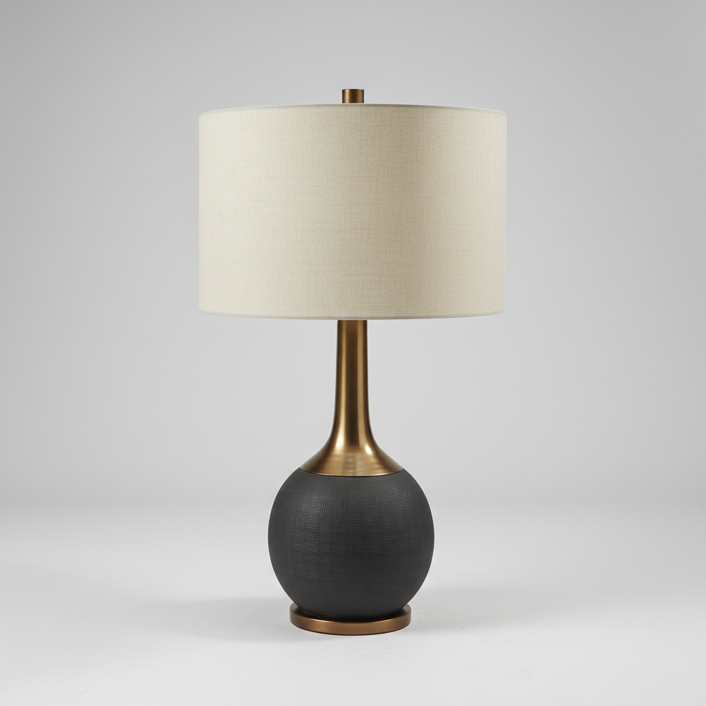 Table lamp with beige shade on a dark surface against a light blue wall.