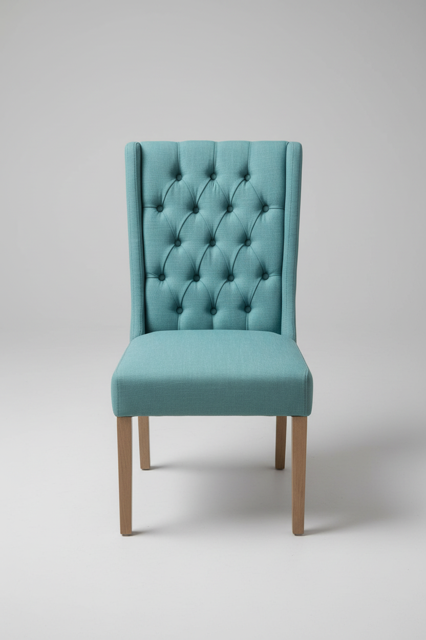 Teal upholstered chair with wooden legs on a light gray background