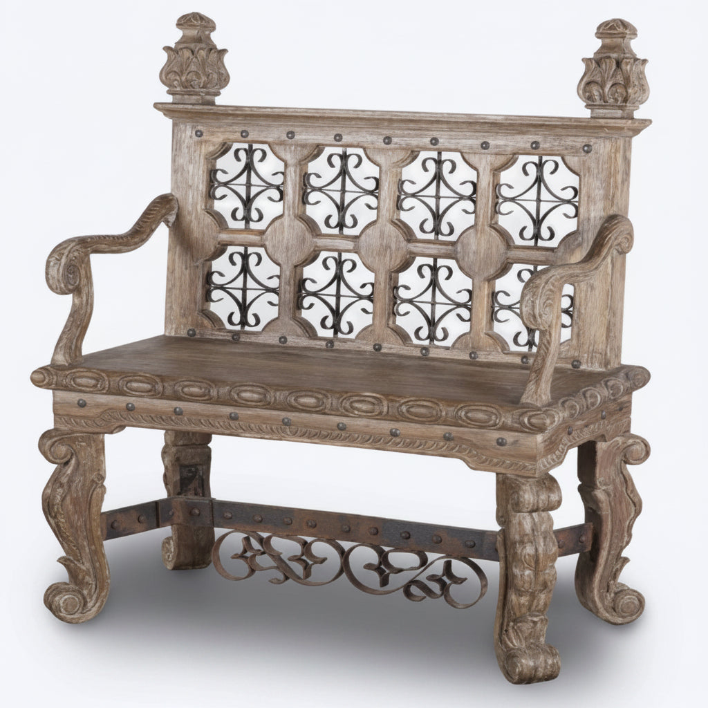 Decorative wooden bench with intricate carvings on a white background