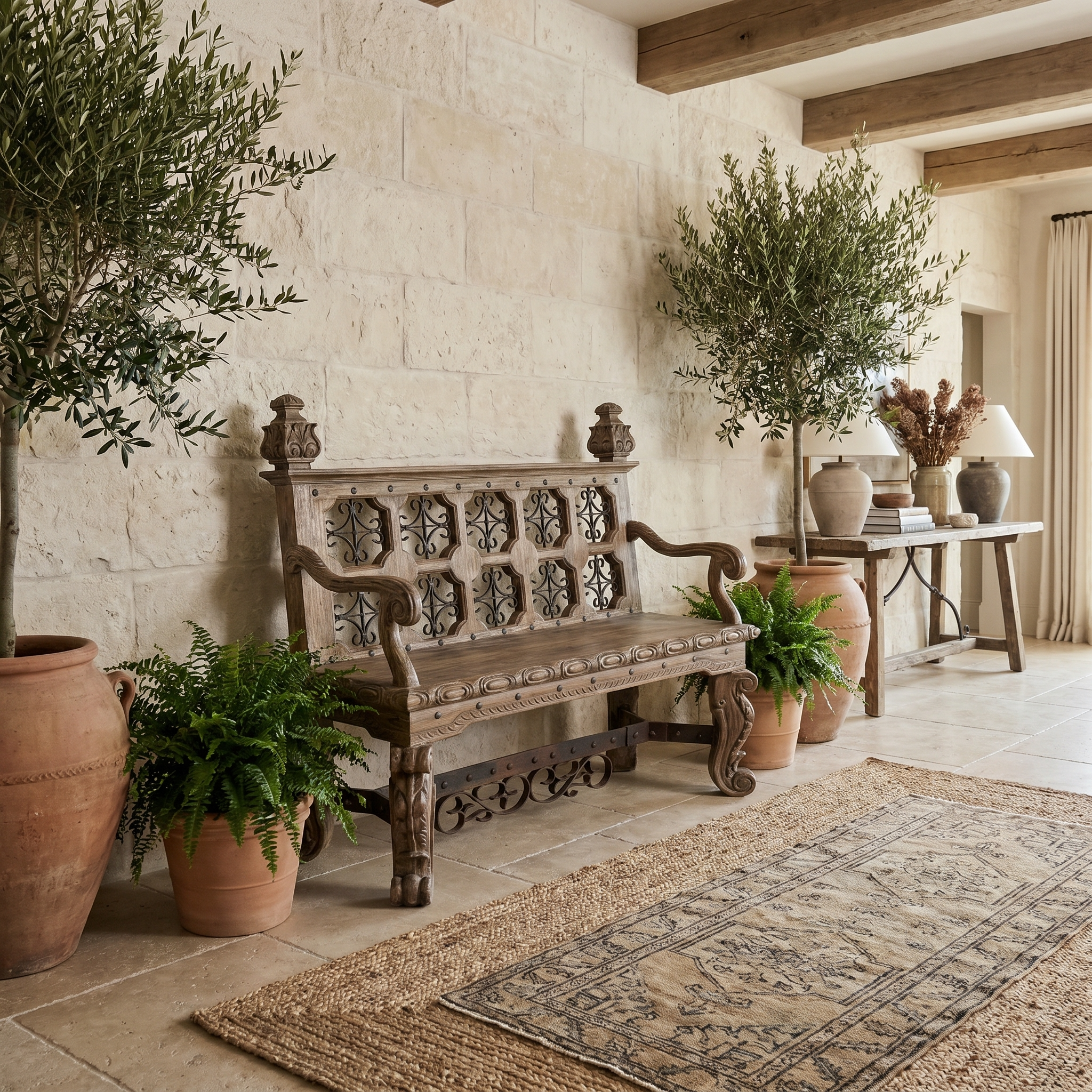Decorative wooden bench in a room with potted plants and a stone wall.