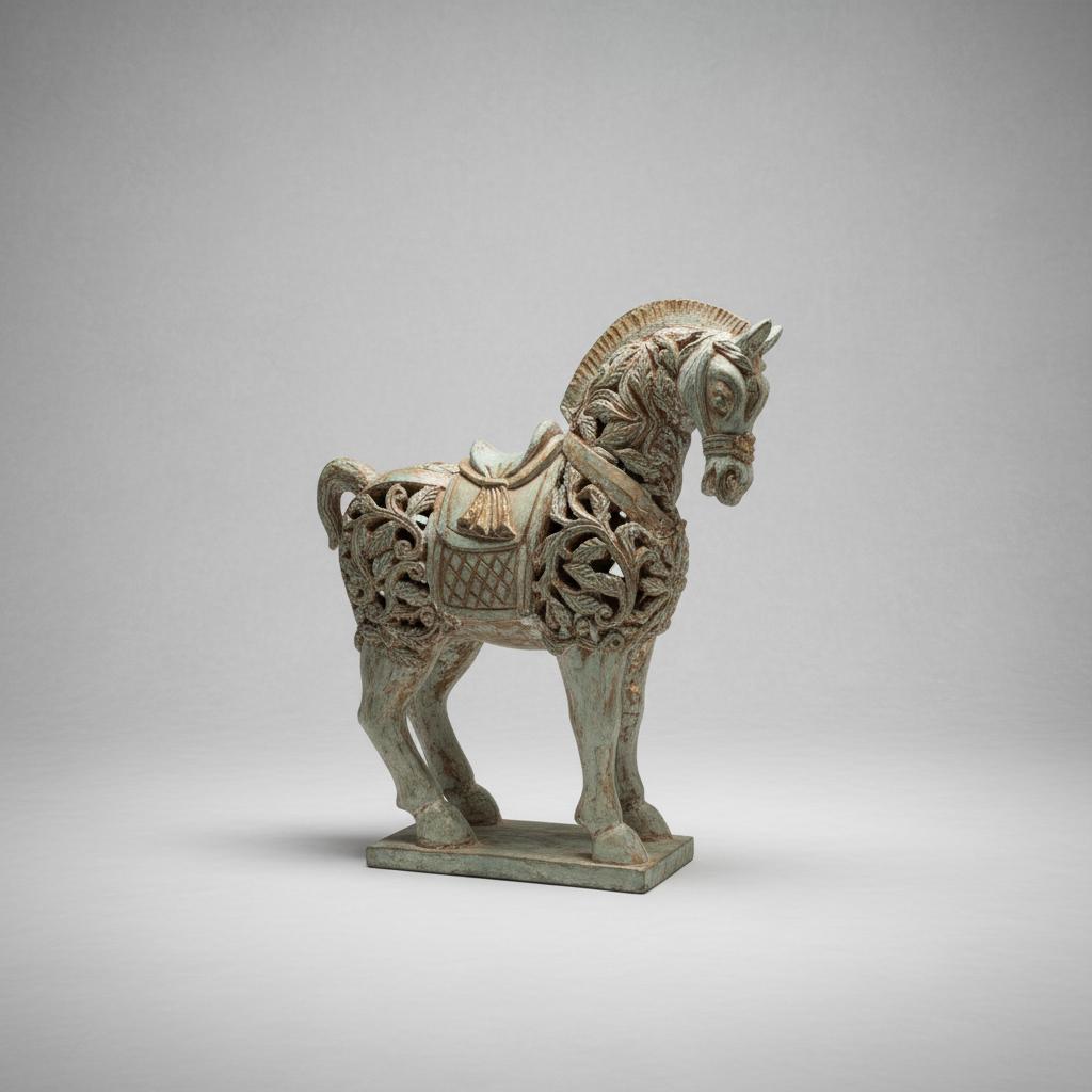An ornate carved horse figurine with a weathered greenish-bronze patina, standing on a rectangular base against a neutral gray studio background.