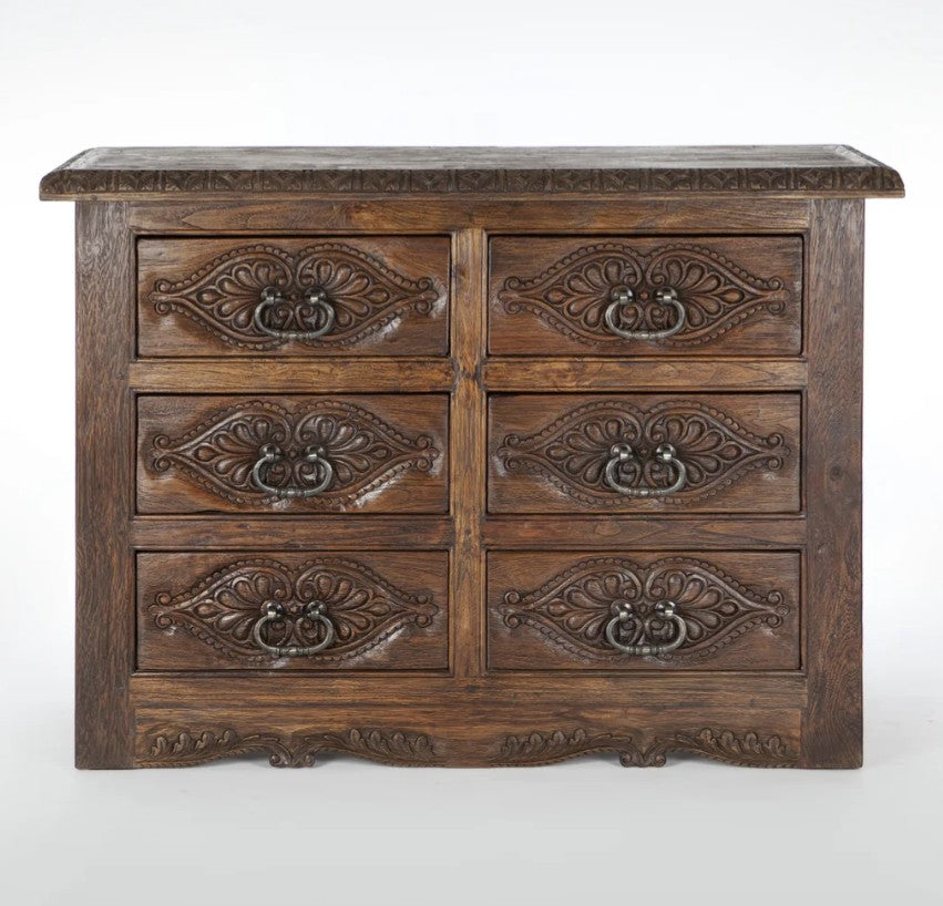 Handcarved Solid Teak 6-Drawer Dresser
