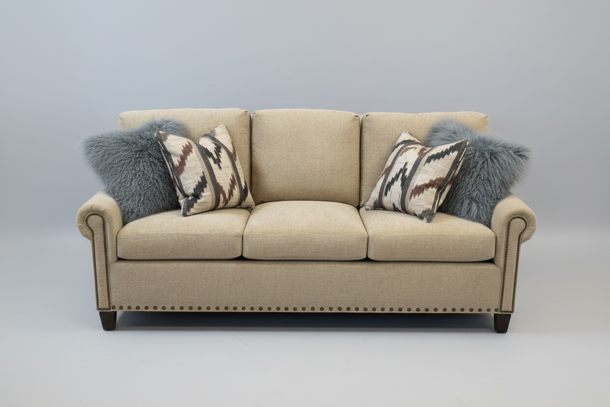 Beige sofa with patterned and fluffy pillows on a gray background