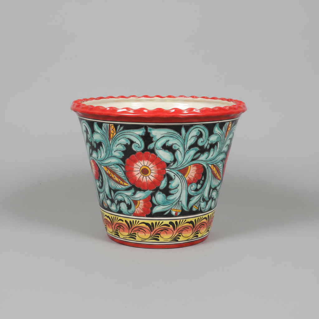Decorative ceramic pot with floral patterns on a gray background