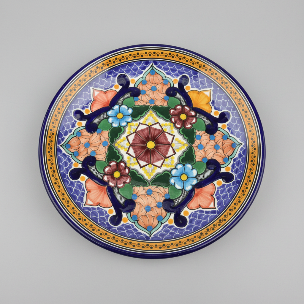 Decorative ceramic plate with floral patterns on a gray background
