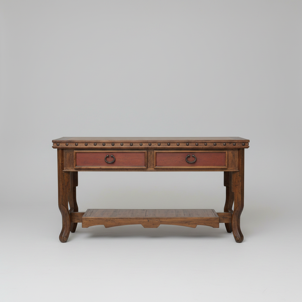 Wooden console table with two drawers on a gray background