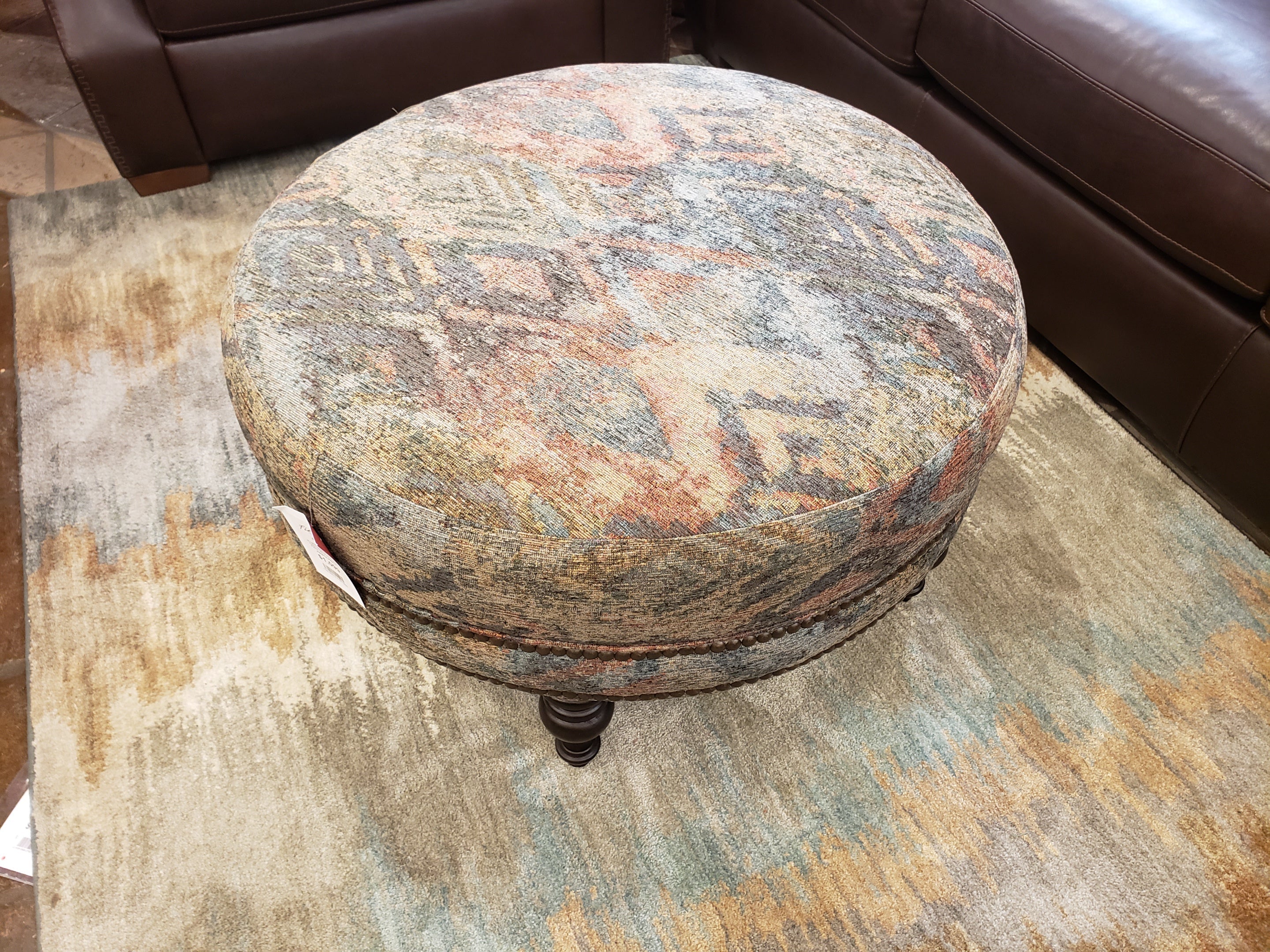 9 Series Ottoman Table Ottoman Fabric 36 Round Fabric Wind River Multi Nails Antique Wood Espresso