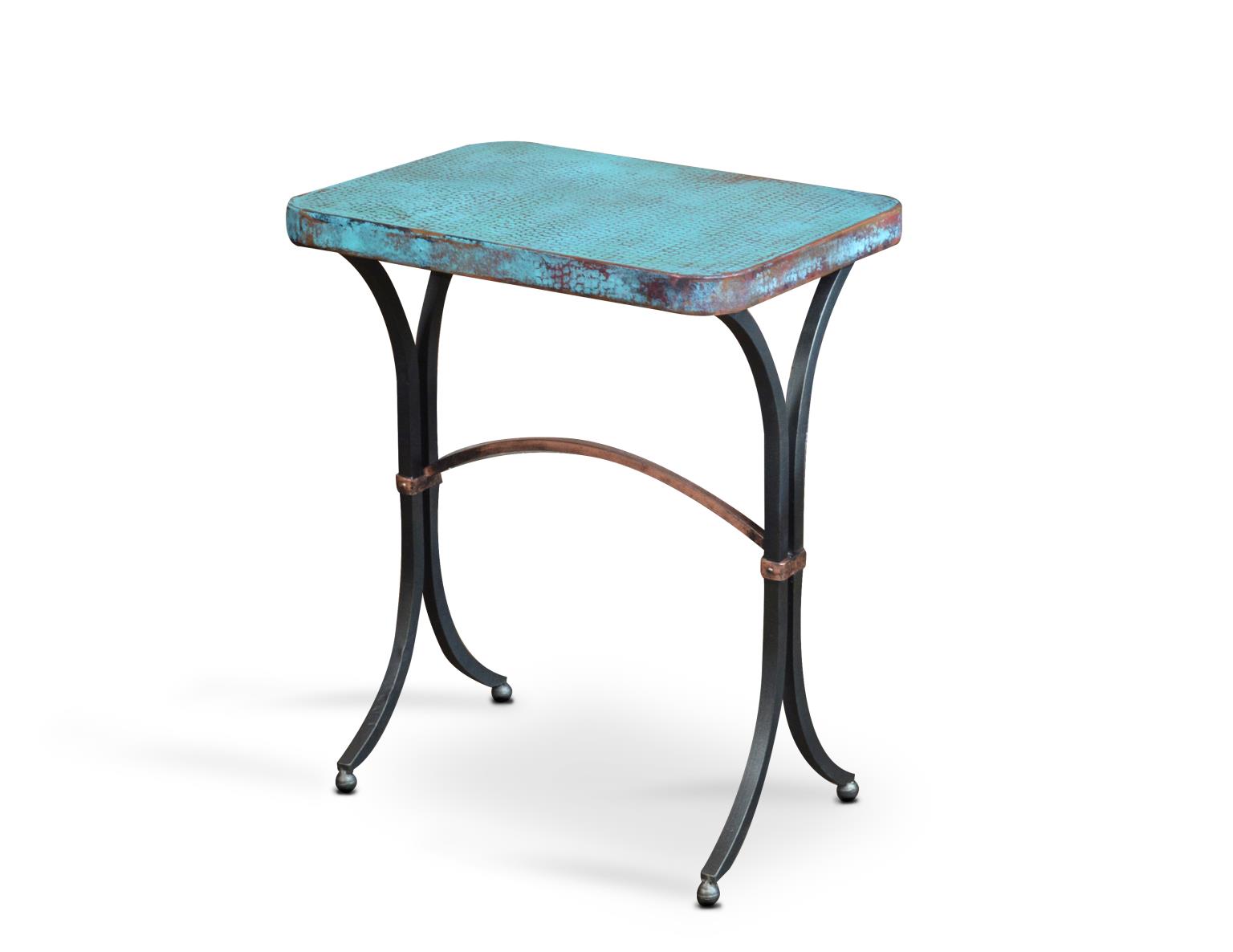 Small table with a turquoise top and black metal legs on a white background