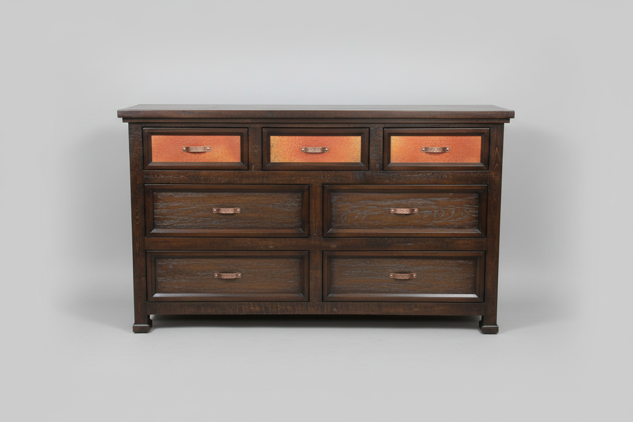 Wooden dresser with multiple drawers on a gray background