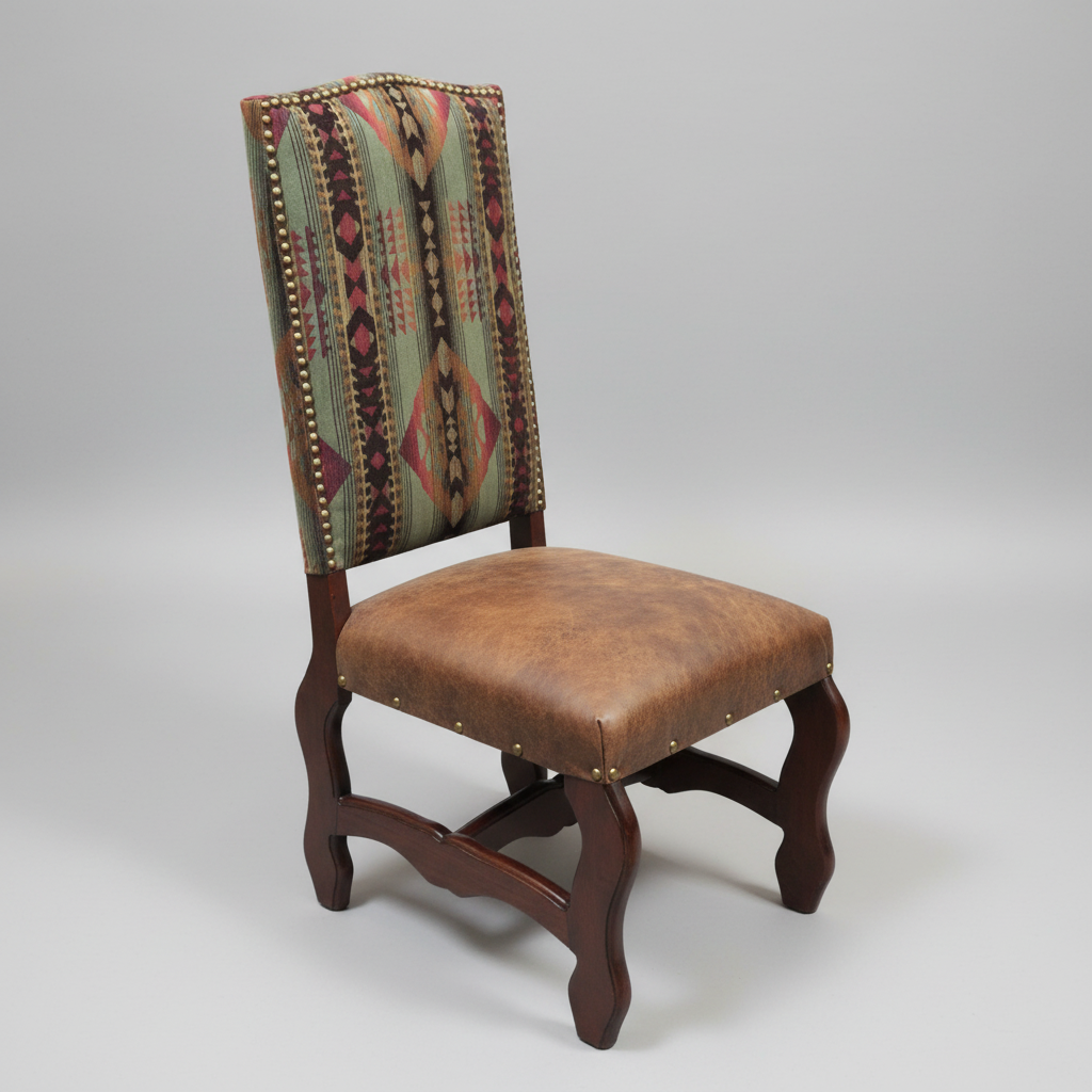 Chair with patterned backrest and brown seat on a gray background