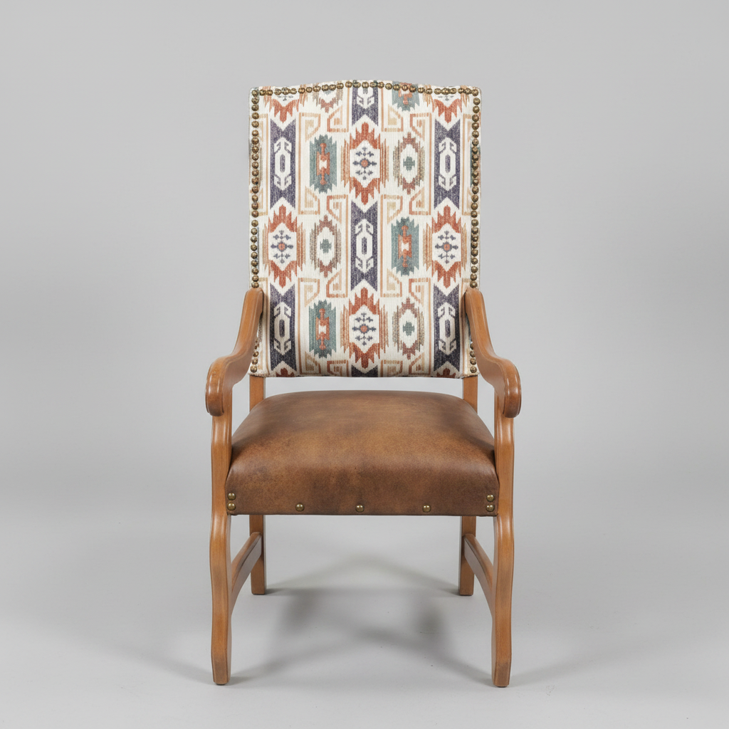 Chair with patterned backrest and brown seat on a gray background