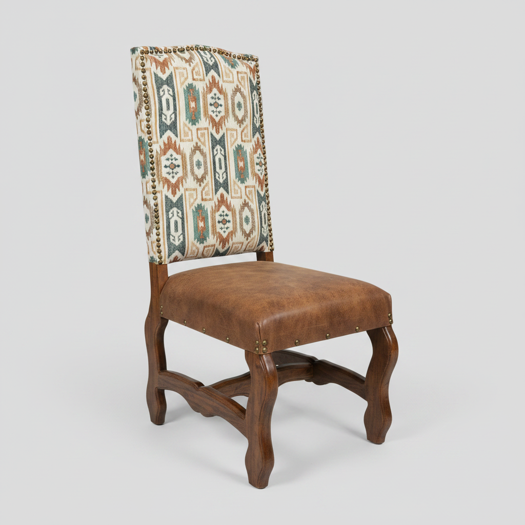 Chair with patterned backrest and brown leather seat on a gray background