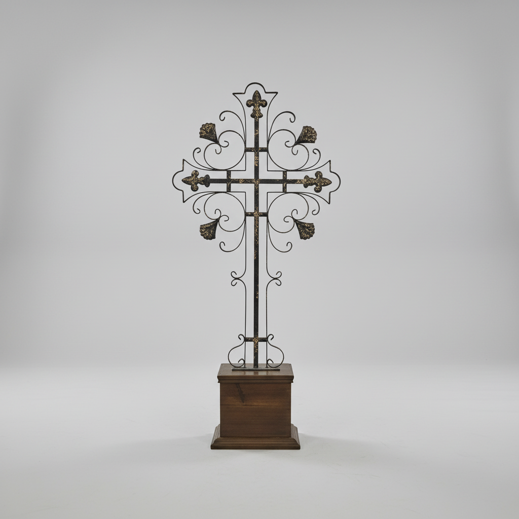 Decorative cross with intricate metalwork on a stone pedestal in an indoor setting.