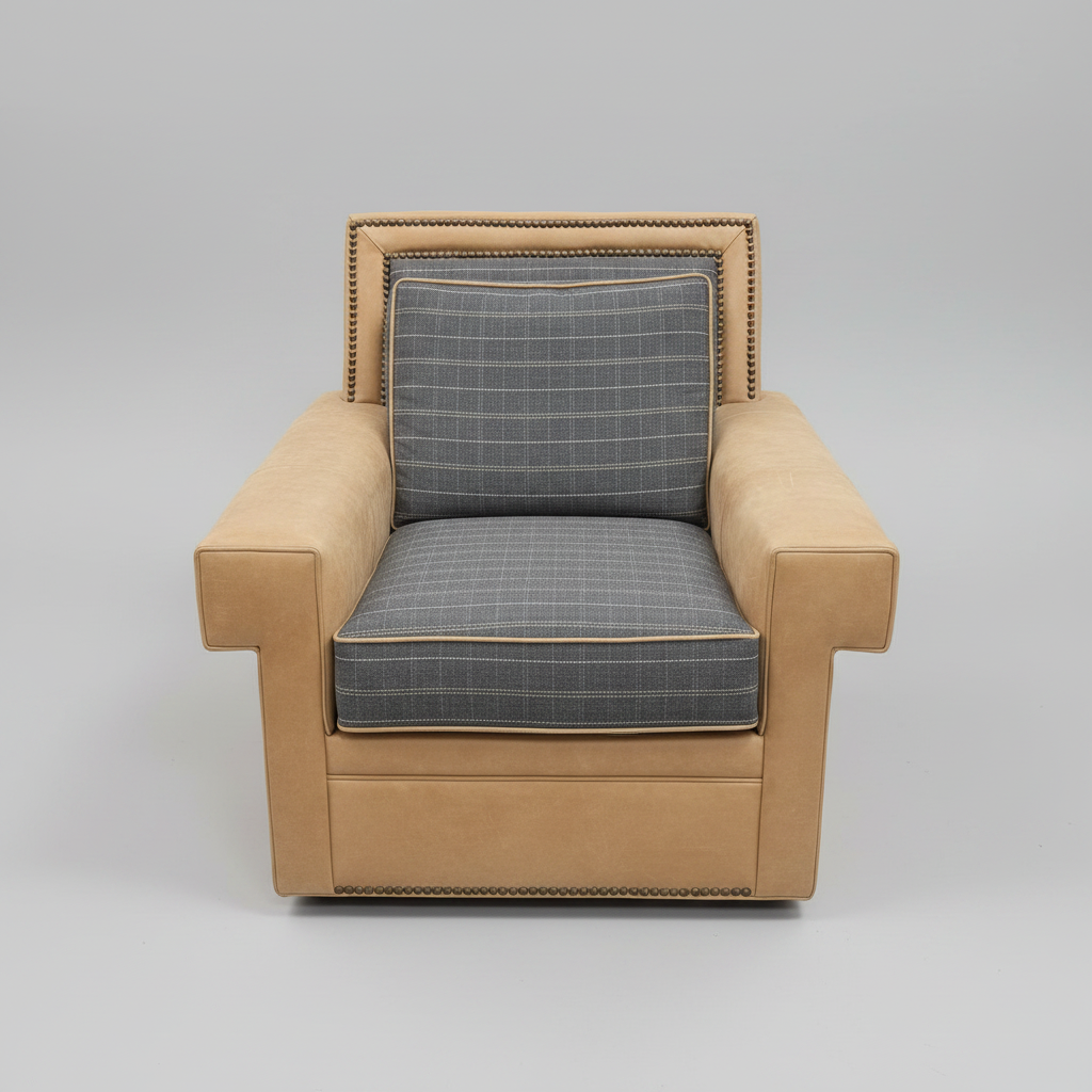 Camel Leather & Plaid Swivel Chair