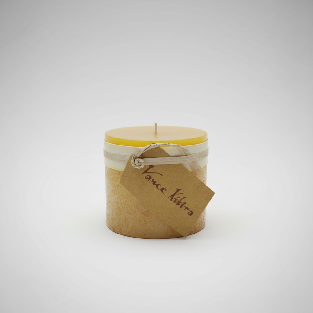 Small jar candle with a visible brand name on a textured surface