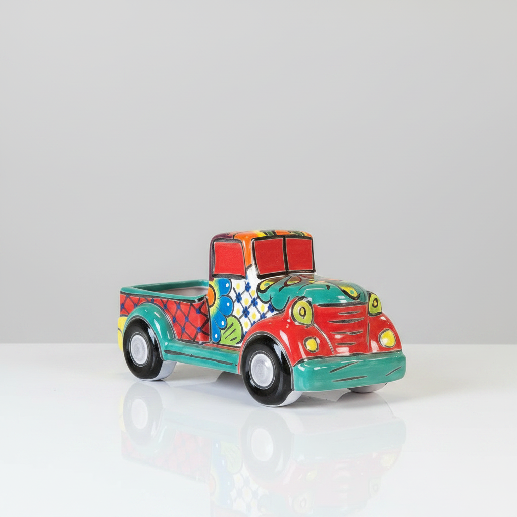 A colorful decorative toy pickup truck with a whimsical hand-painted design, featuring red, teal, yellow, blue, and black patterns, set against a neutral light gray background with a soft reflection on the white surface below.