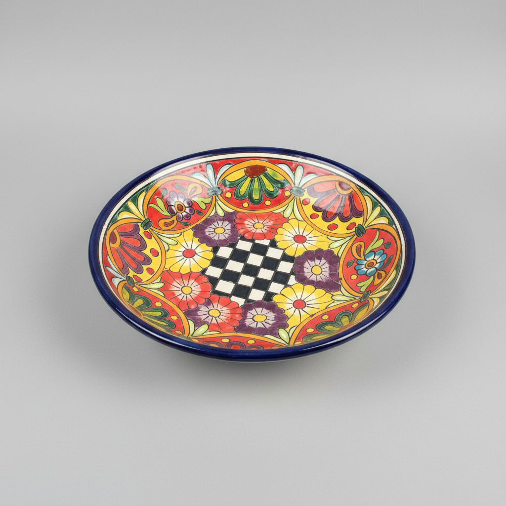 Decorative plate with colorful floral pattern on a gray background