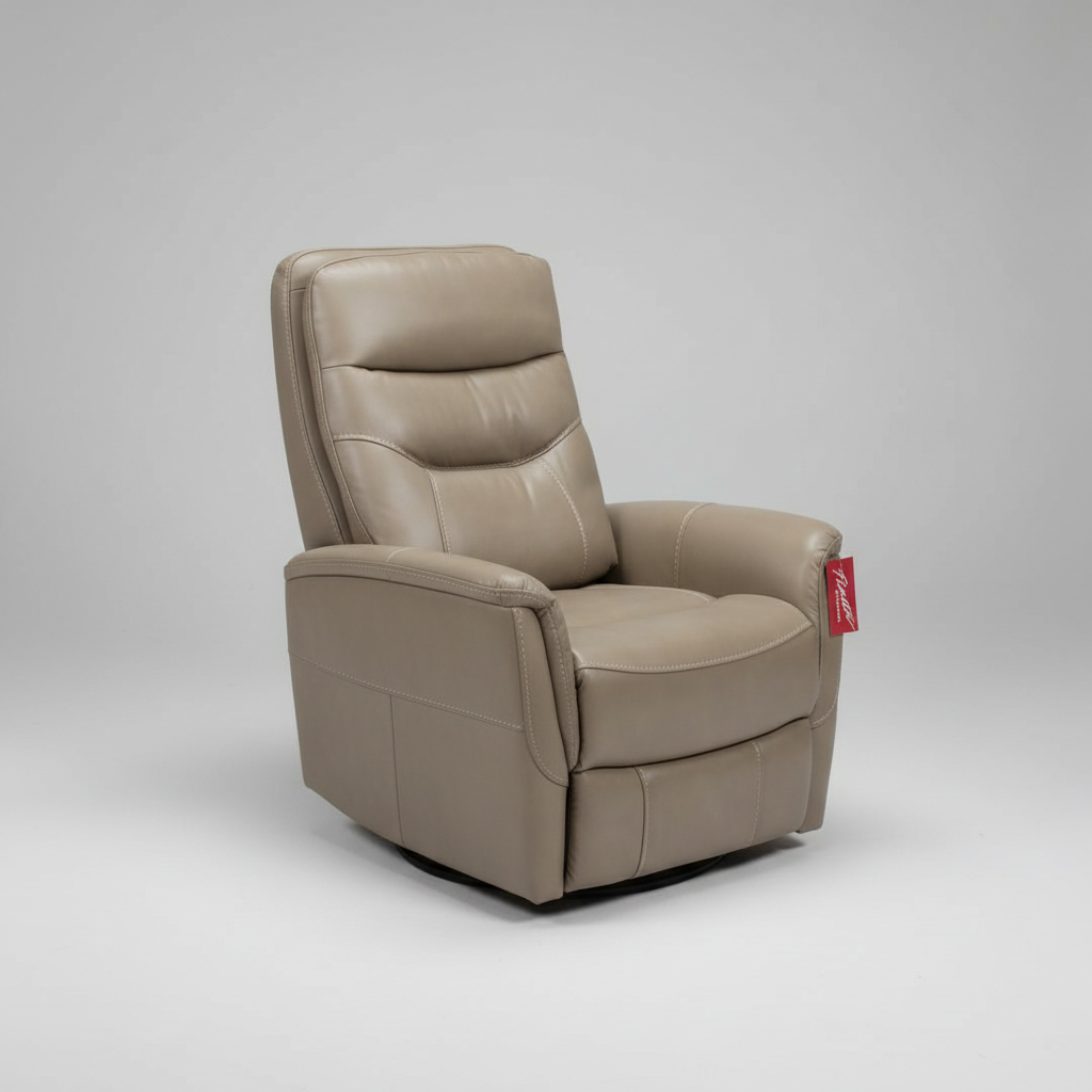 Beige recliner chair with a red tag on a gray background