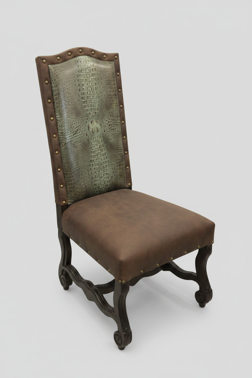 Brown upholstered chair with decorative backrest in a showroom setting