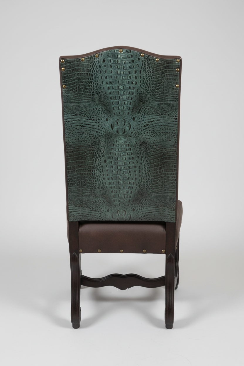 Chair with green textured backrest and brown seat on a white background