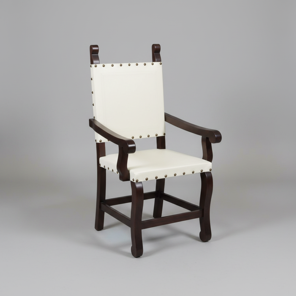 Chair with white cushion and wooden frame on a gray background