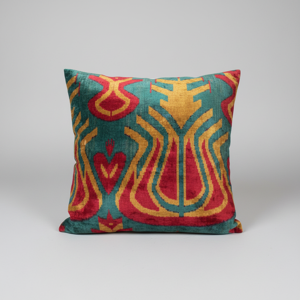 Decorative pillow with colorful pattern on a gray couch