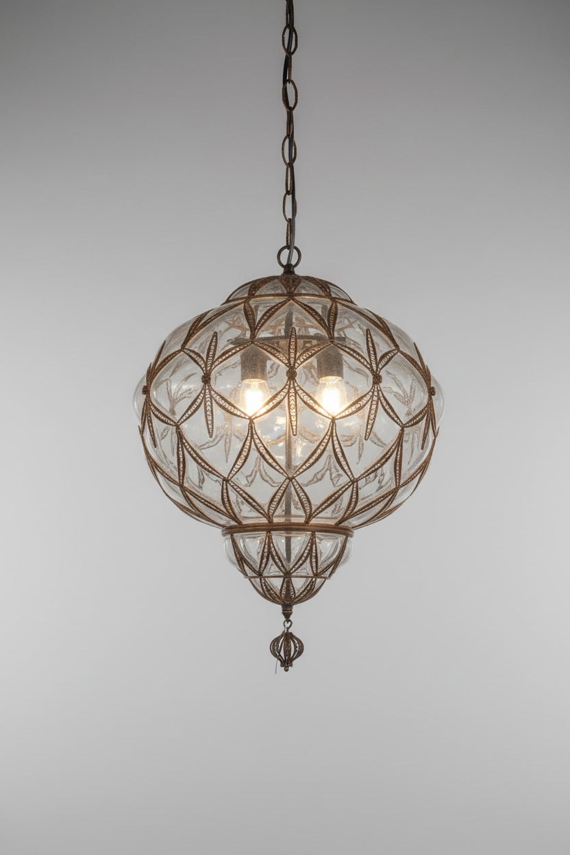 Decorative pendant light with geometric design on a plain background