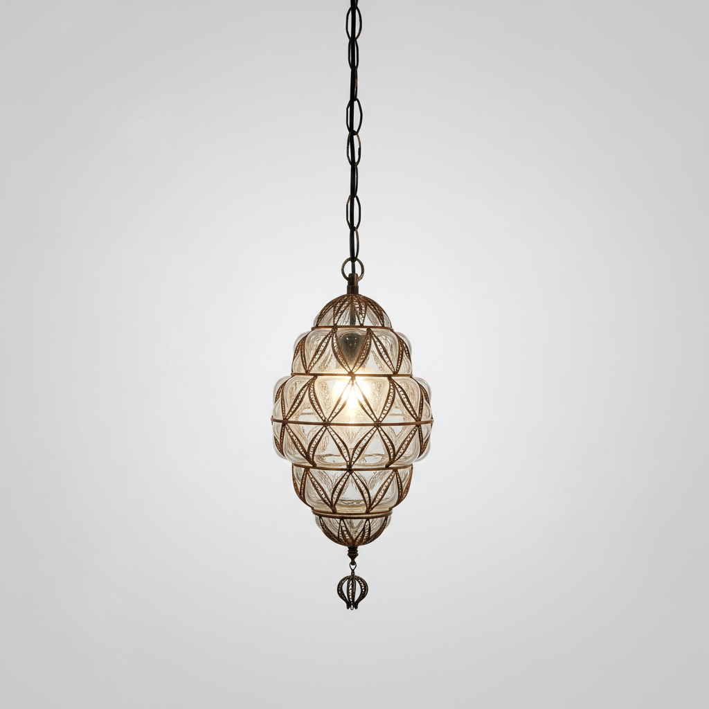 Small Copper Hanging Lamp Blown Glass Made In Turkey