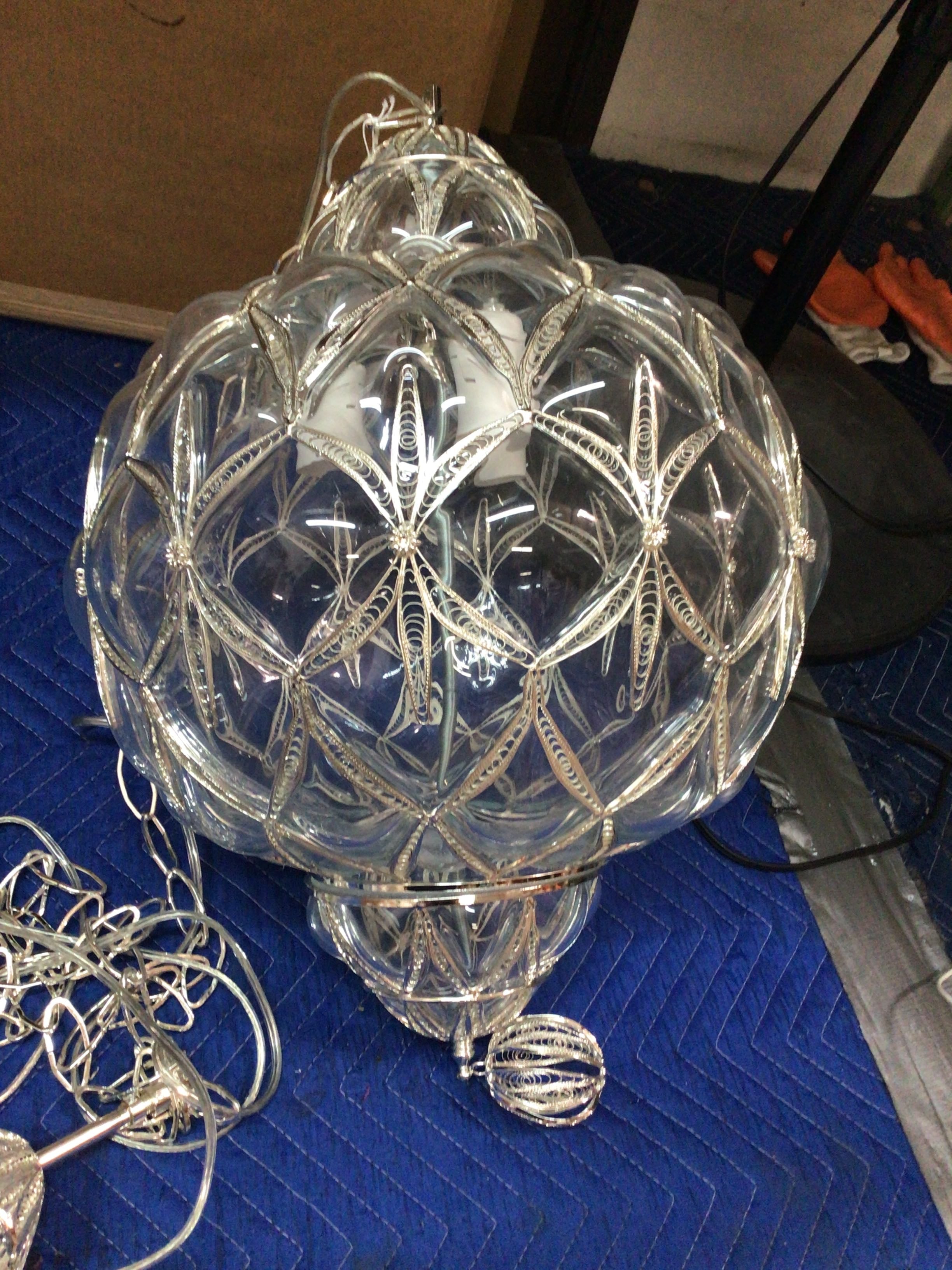 Large Silver Hanging Lamp Blown Glass Made In Turkey