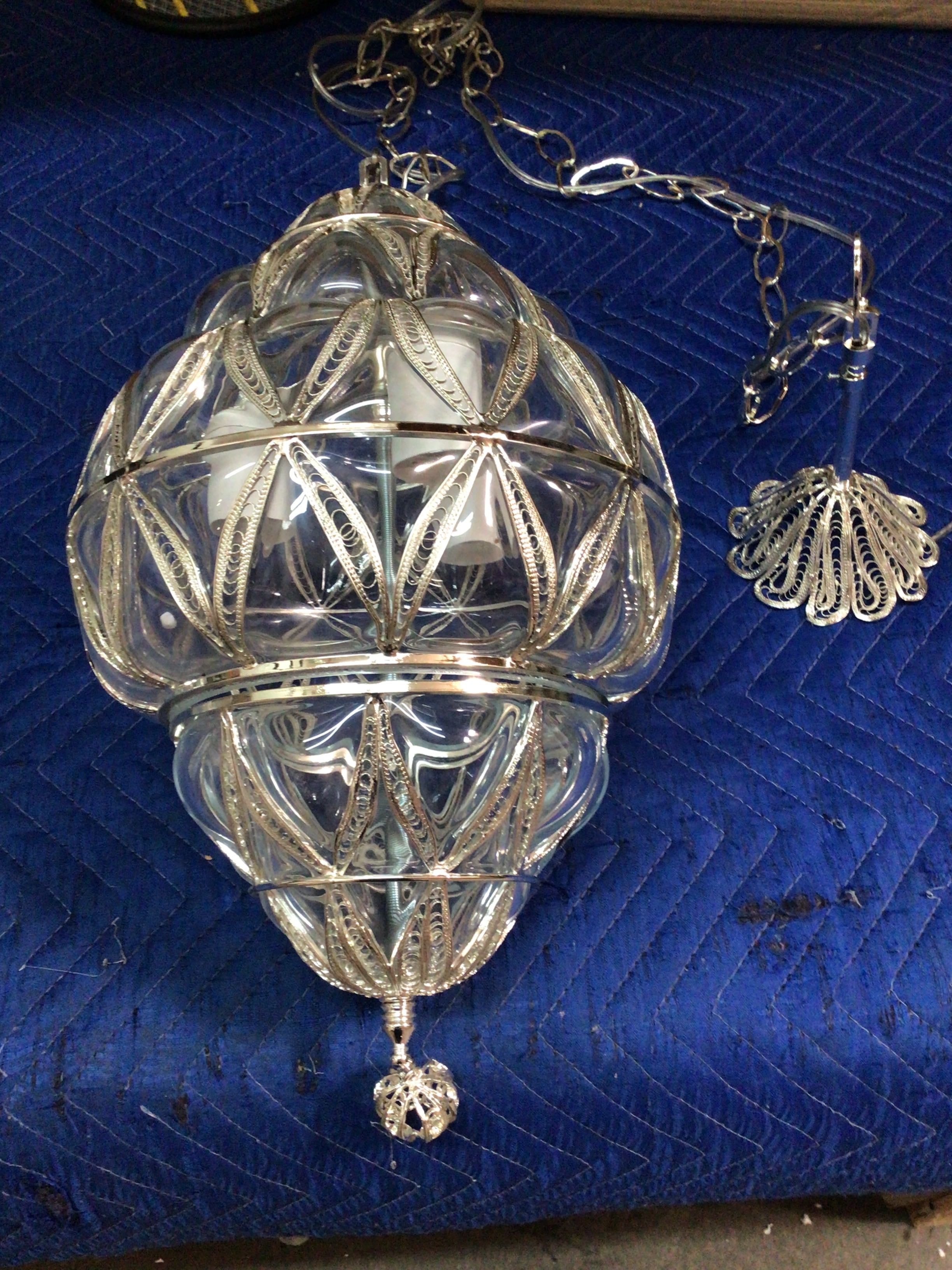 Made In Turkey Hanging Lamp Silver & Blown Glass Medium