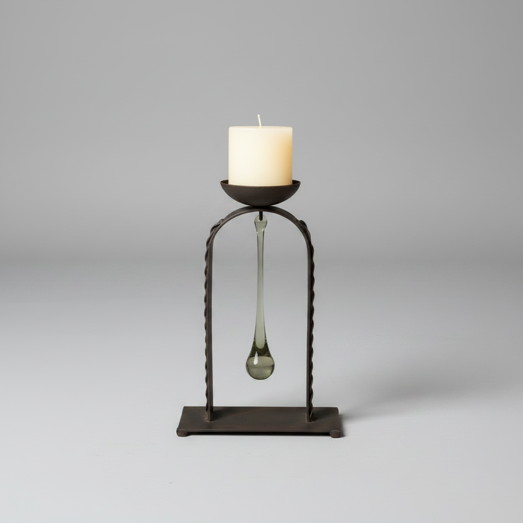 A dark metal candle holder with a twisted frame design, featuring a glass teardrop pendant and a matching cup holding a white pillar candle, set against a neutral gray studio background.