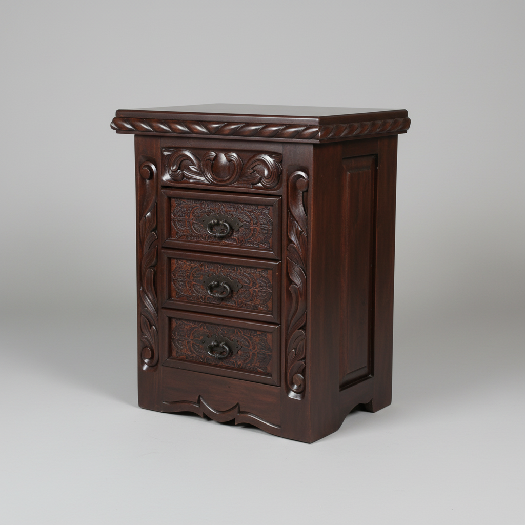 Wooden nightstand with three drawers on a gray background