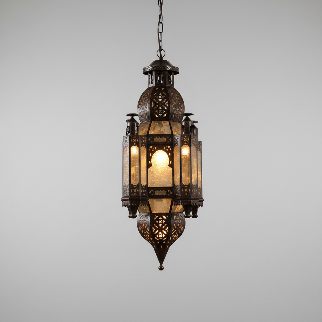 Decorative hanging lantern with intricate design on a gray background