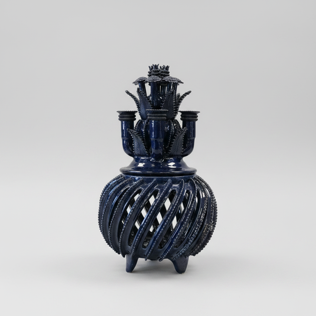 Blue ceramic vase with intricate design on a gray background