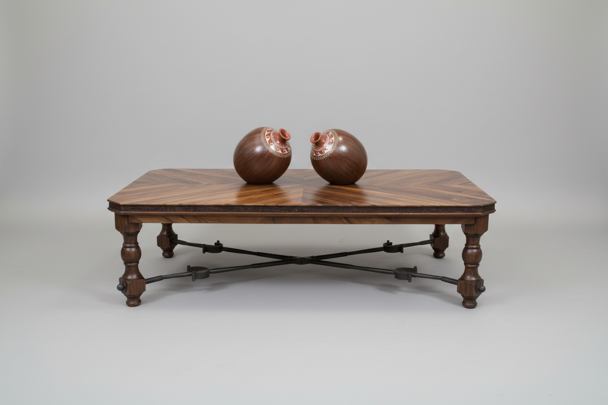 Wooden table with two decorative items on a plain background