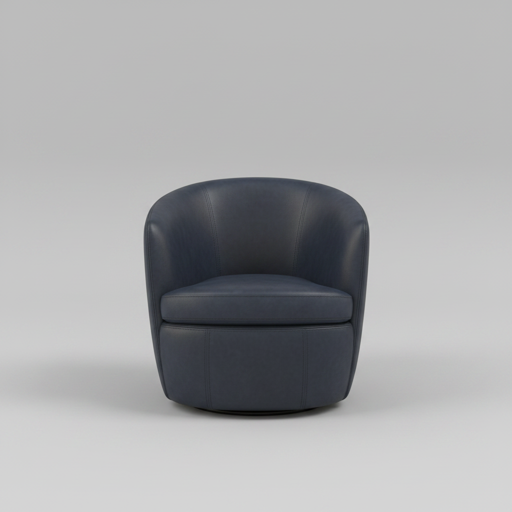 Blue swivel chair in a showroom with other chairs and furniture.