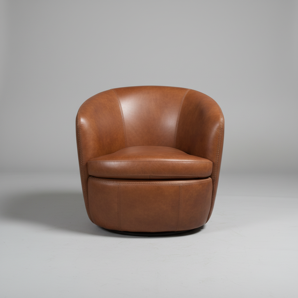 Brown leather chair with a red tag on a stone floor