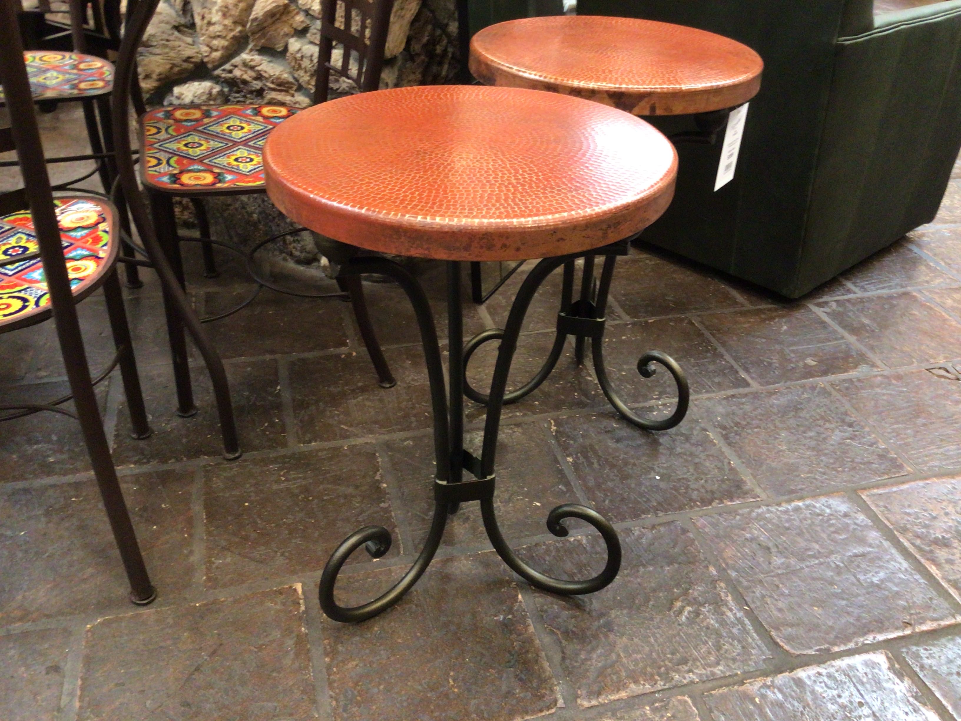 Round copper end tables with metal bases