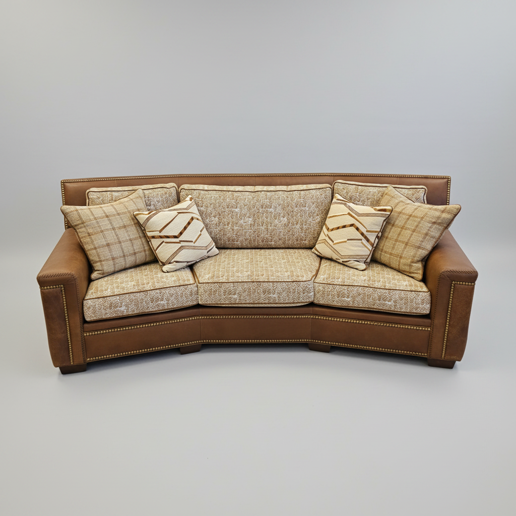 Brown and beige sofa with patterned cushions on a gray background
