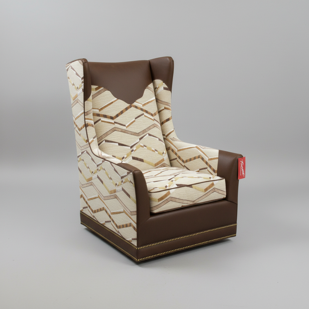 Patterned armchair in a room with furniture and decor