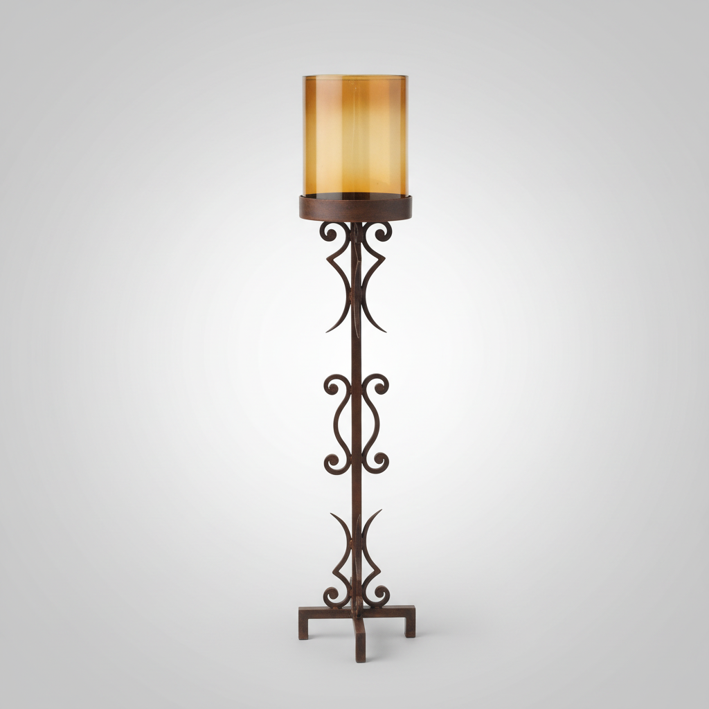 A tall decorative floor lamp with a translucent amber glass shade and an ornate dark brown metal stand featuring scrollwork, shown against a light gray gradient background.