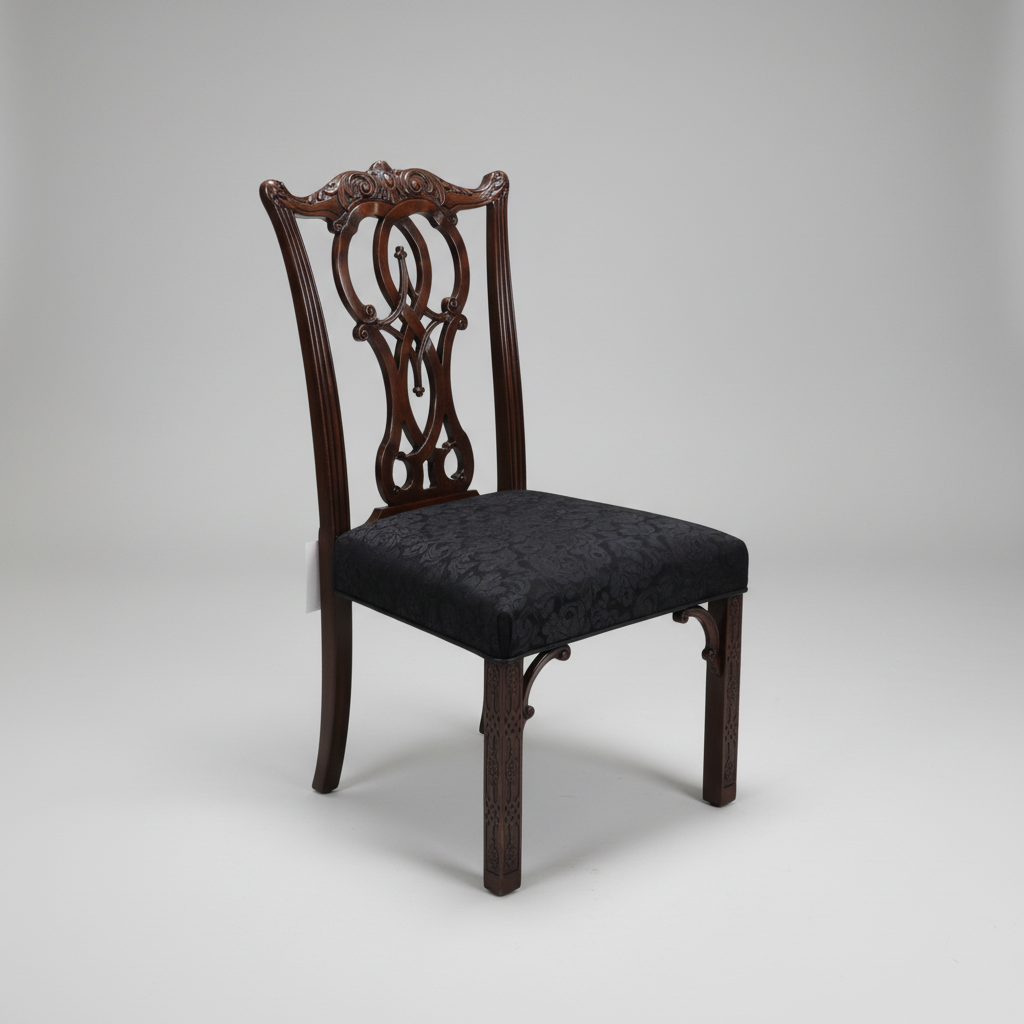 Decorative wooden chair with a black upholstered seat on a gray background